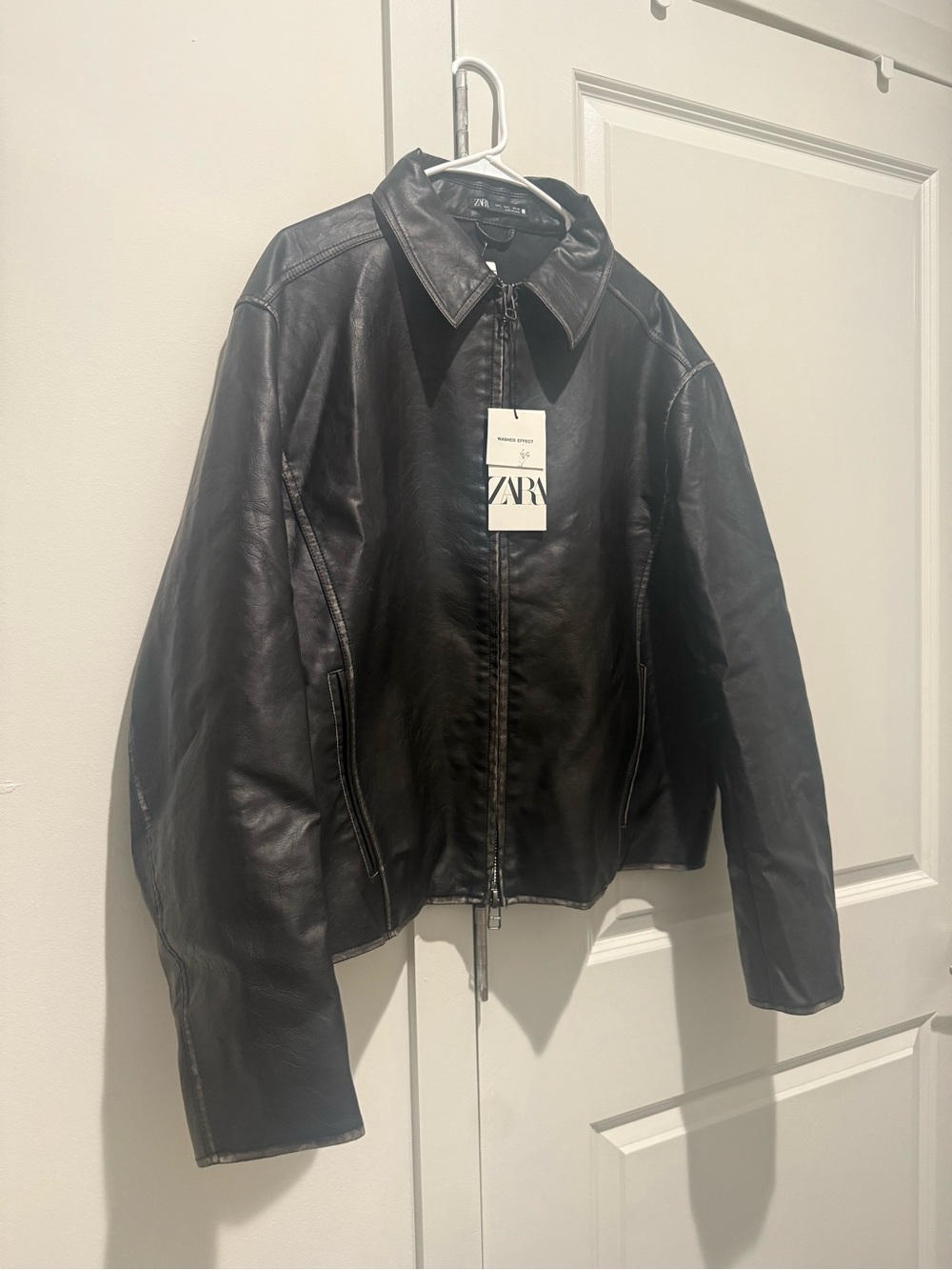 Zara Black Leather Zip Jacket with Collar